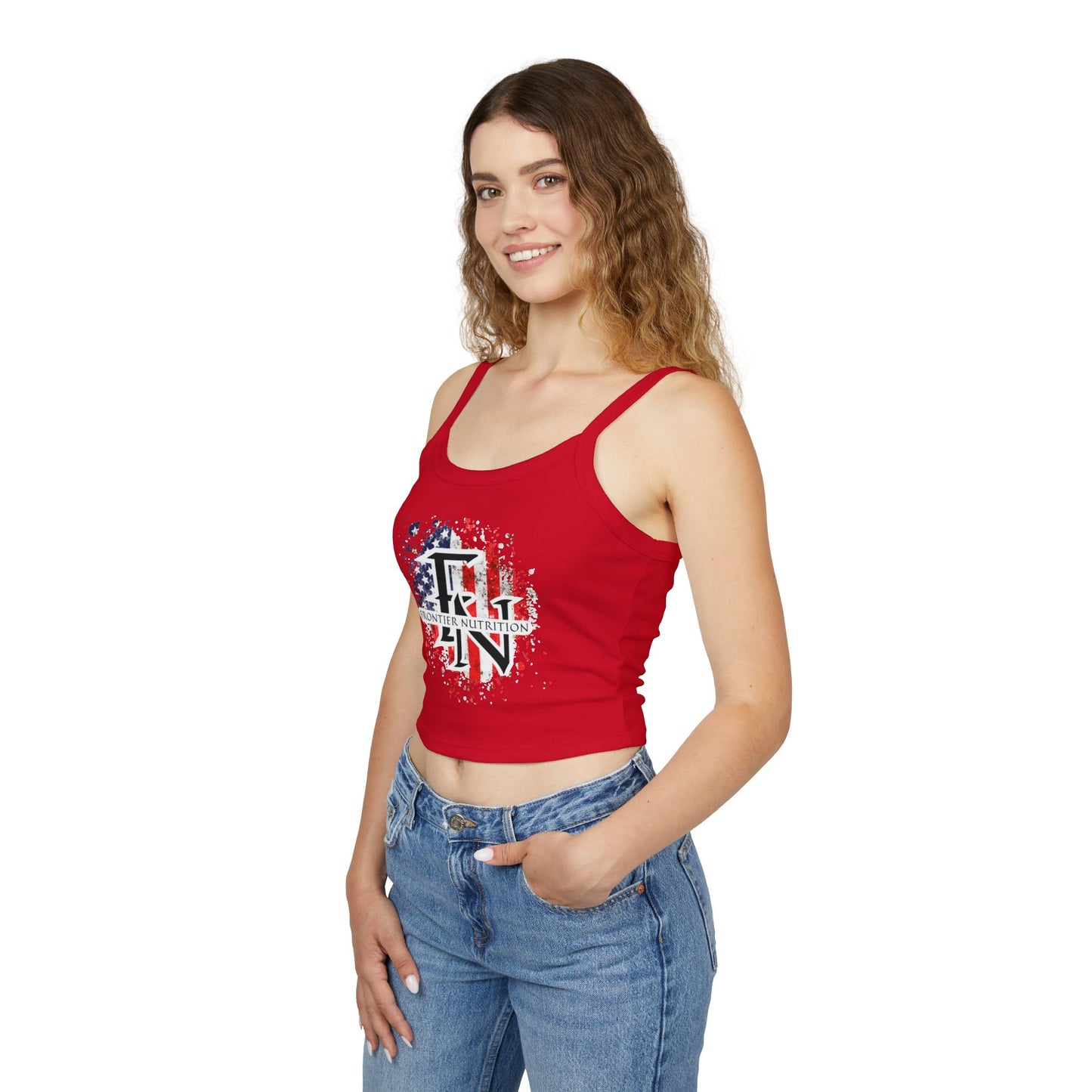 Women's Spaghetti Strap Tank Top with Frontier Nutrition Design, Summer Top, Casual Wear, Workout Tank, Fourth of July Apparel
