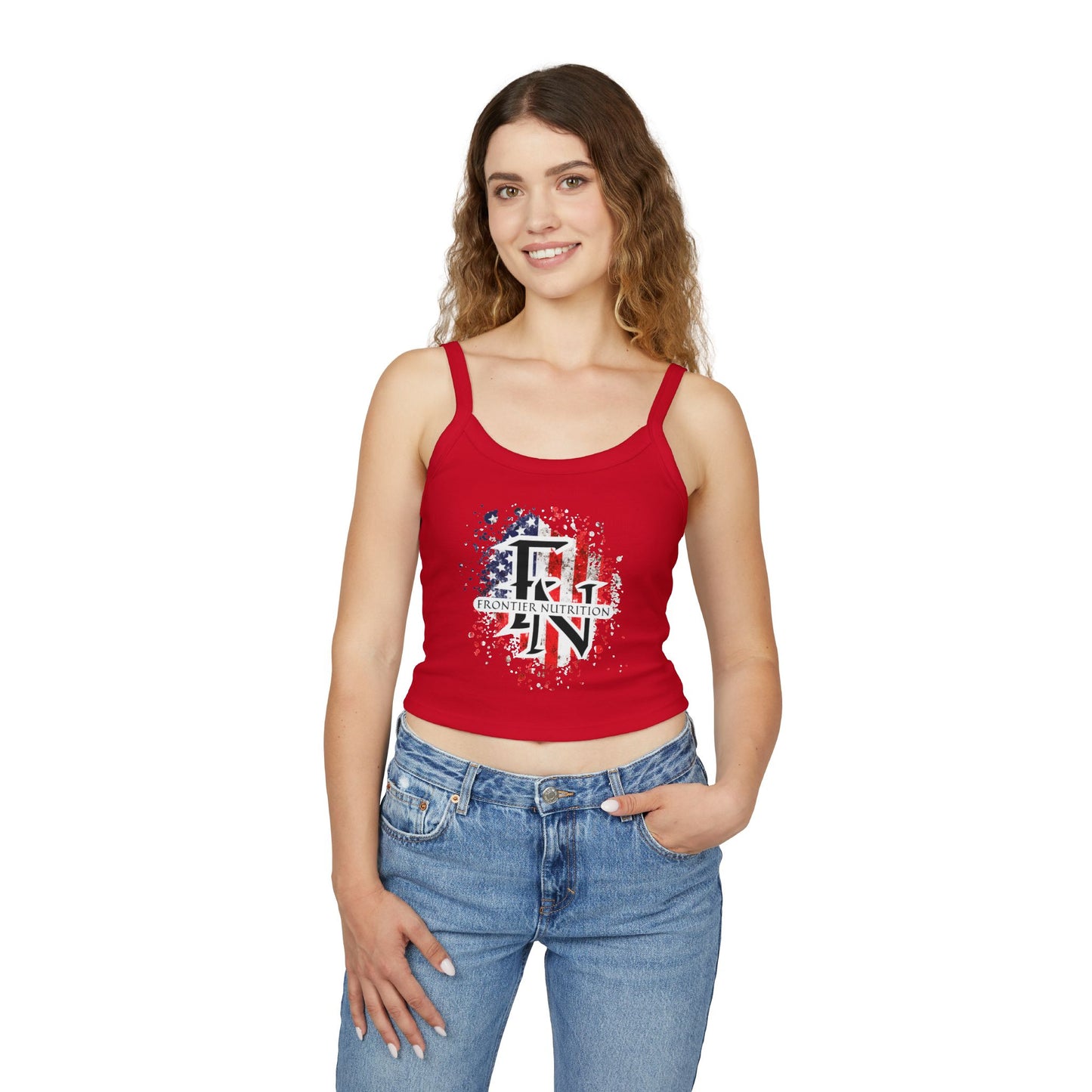 Women's Spaghetti Strap Tank Top with Frontier Nutrition Design, Summer Top, Casual Wear, Workout Tank, Fourth of July Apparel