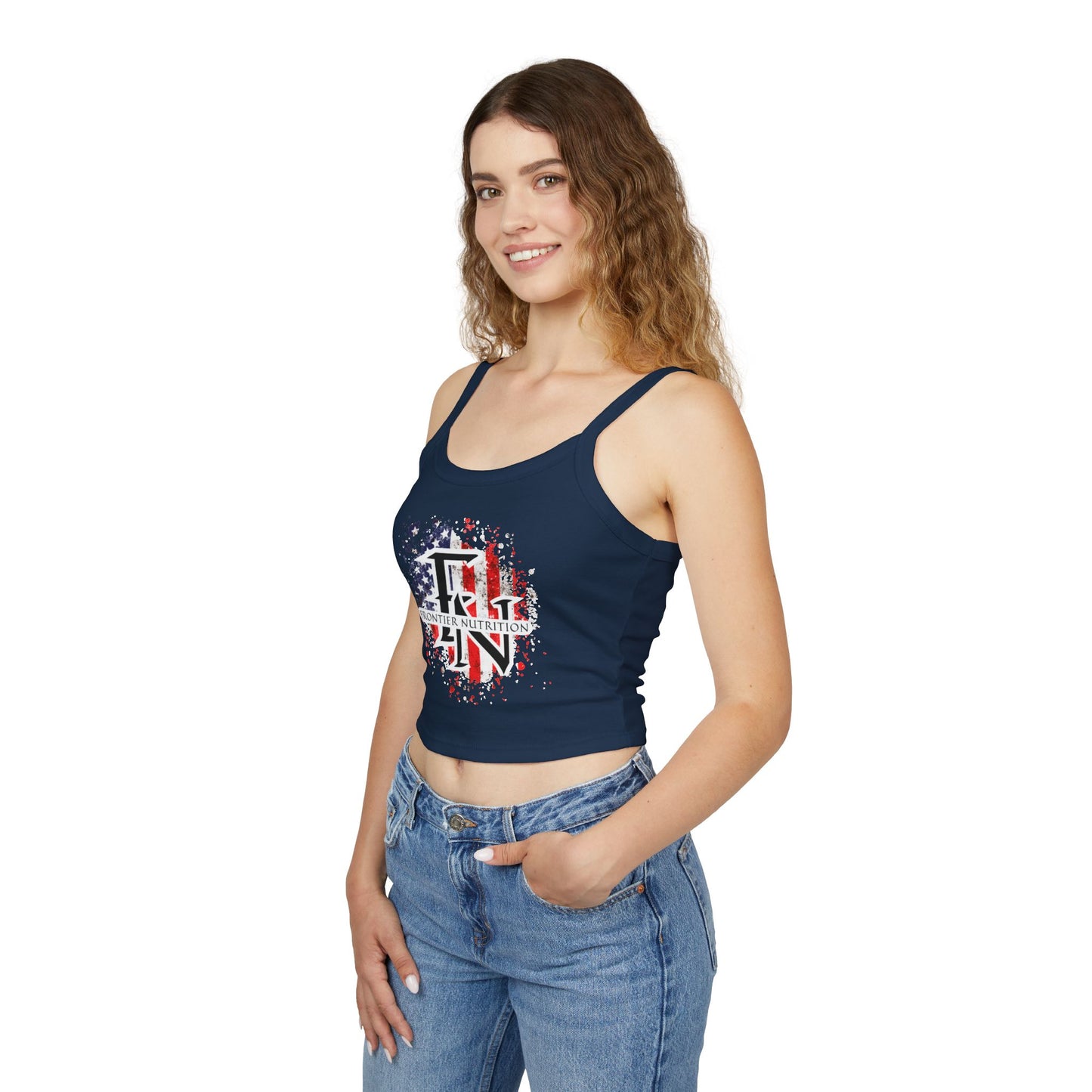 Women's Spaghetti Strap Tank Top with Frontier Nutrition Design, Summer Top, Casual Wear, Workout Tank, Fourth of July Apparel