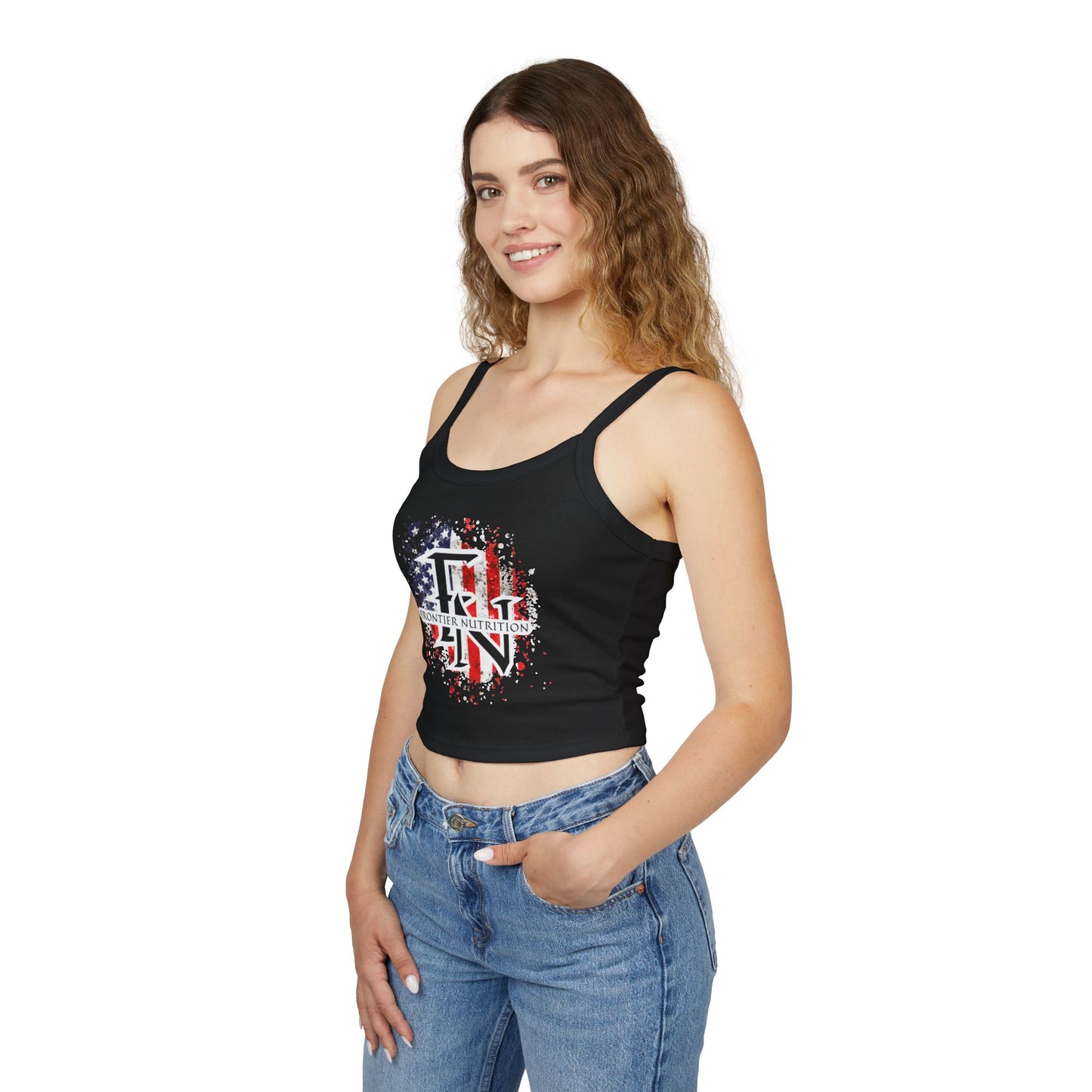 Women's Spaghetti Strap Tank Top with Frontier Nutrition Design, Summer Top, Casual Wear, Workout Tank, Fourth of July Apparel