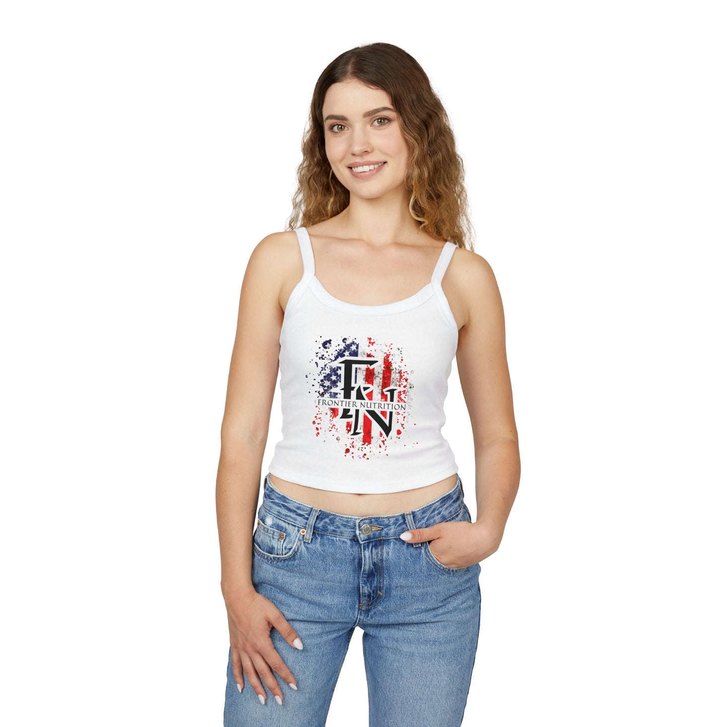 Women's Spaghetti Strap Tank Top with Frontier Nutrition Design, Summer Top, Casual Wear, Workout Tank, Fourth of July Apparel