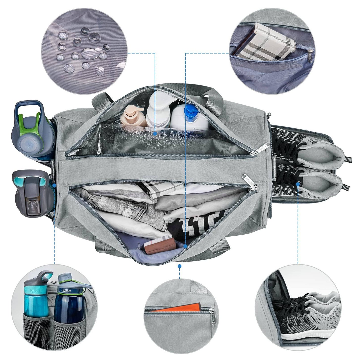 Sports Gym Bag with Wet Pocket & Shoe Compartment - Grey