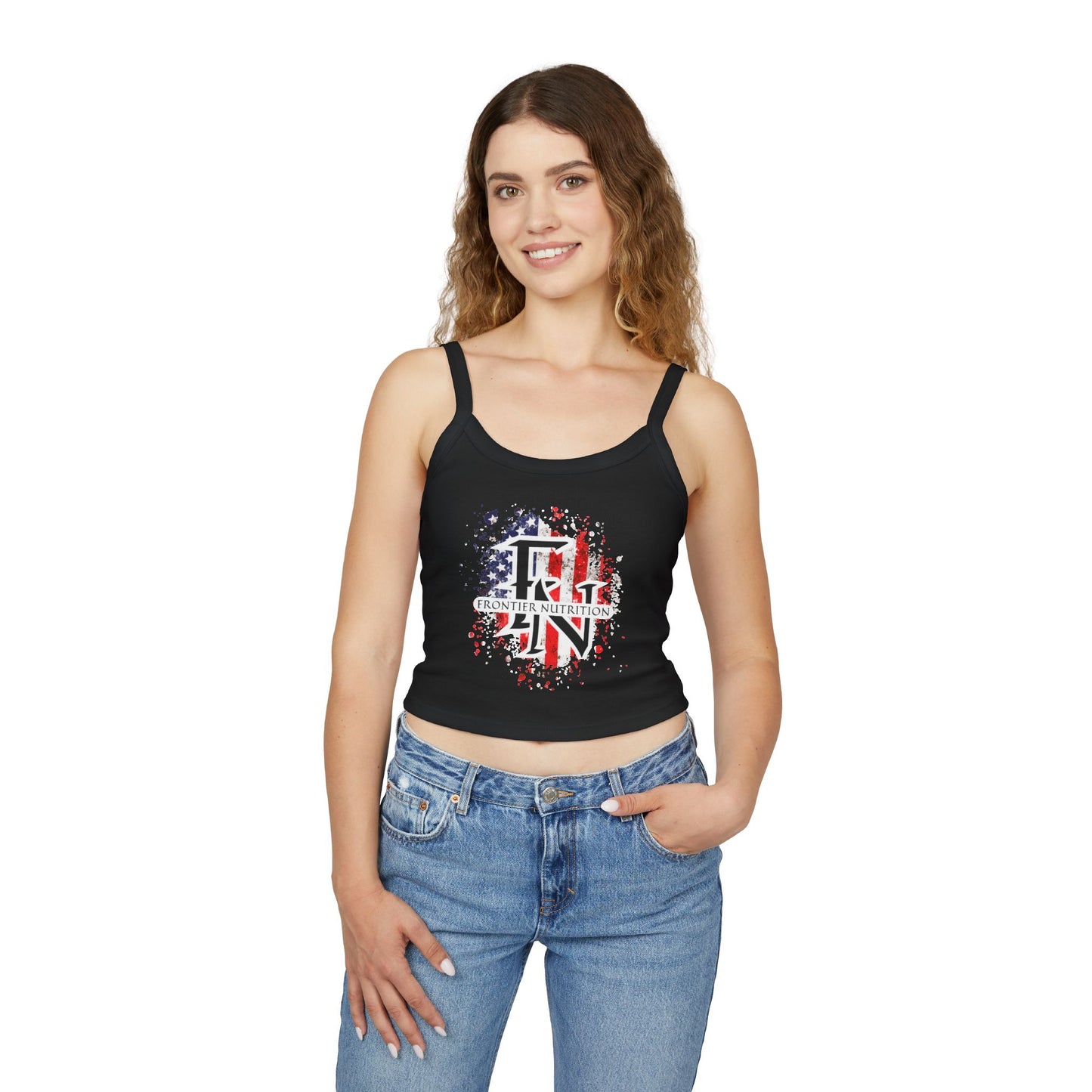 Women's Spaghetti Strap Tank Top with Frontier Nutrition Design, Summer Top, Casual Wear, Workout Tank, Fourth of July Apparel