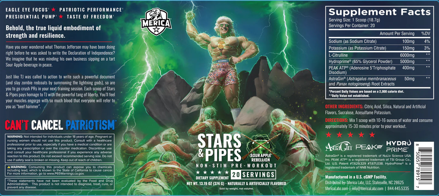 Merica Labz Stars & Pipes Non-Stim Pre Workout Sour Apple Rebellion