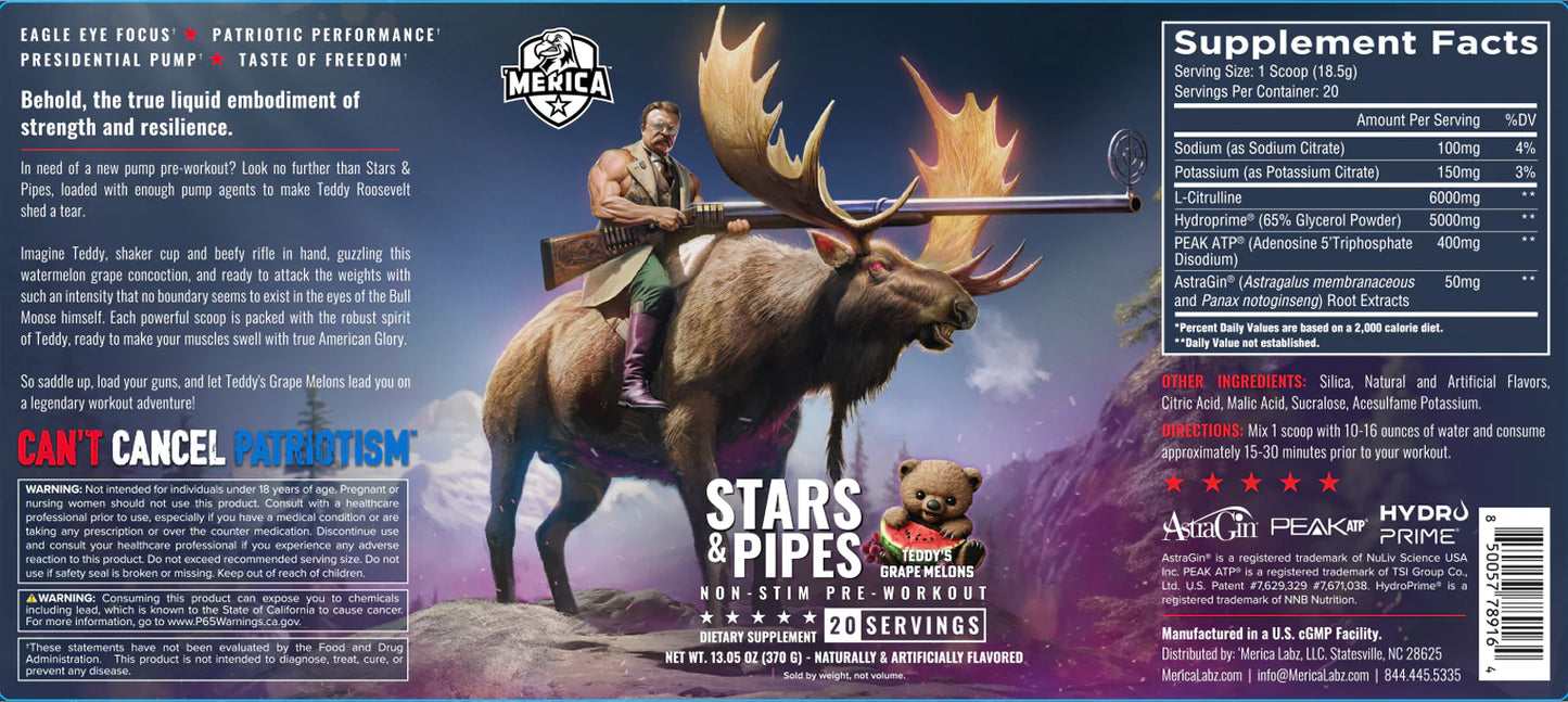 Merica Labz Stars & Pipes Non-Stim Pre Workout Teddy's Grape Melons