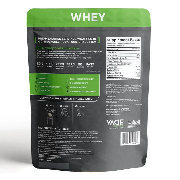 Vade Protein Packs Cappuccino - 100% Whey Isolate Protein: 30ct