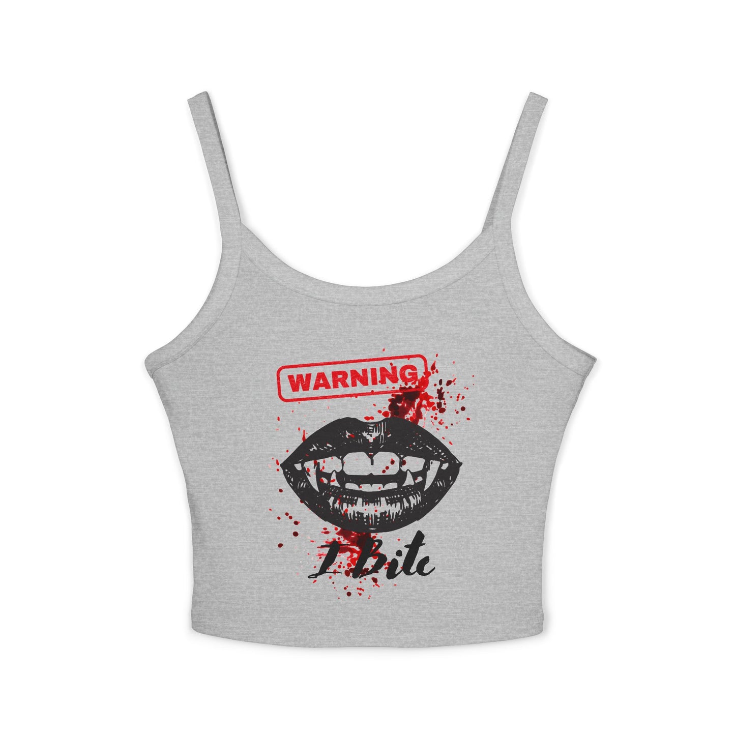 Vampire Bite Tank Top — "Warning: Bite" Graphic Spaghetti Strap Crop