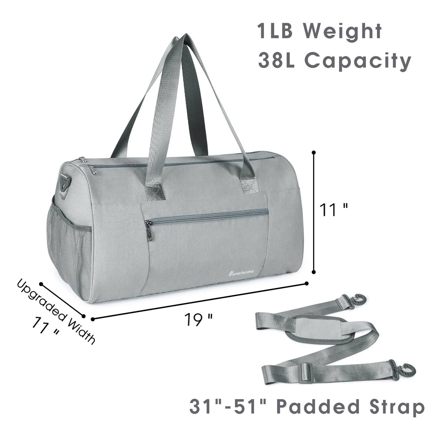 Sports Gym Bag with Wet Pocket & Shoe Compartment - Grey