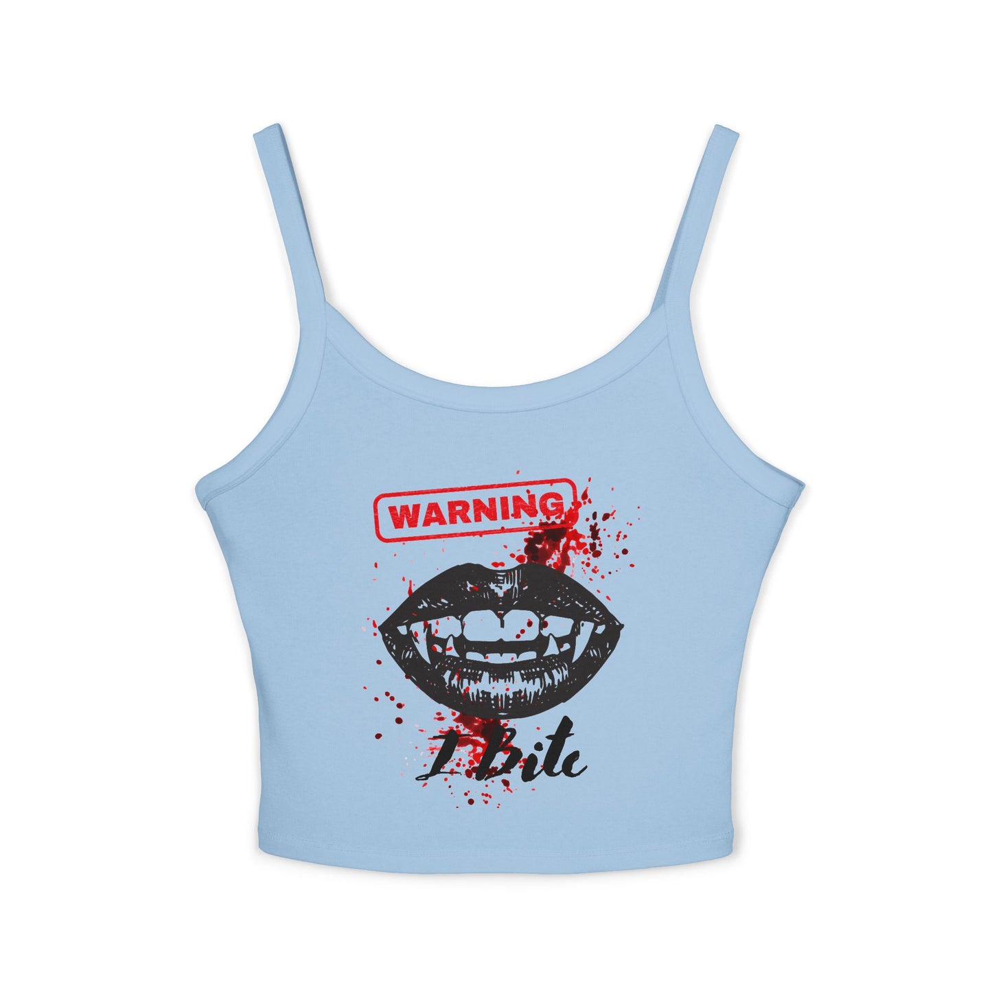 Vampire Bite Tank Top — "Warning: Bite" Graphic Spaghetti Strap Crop