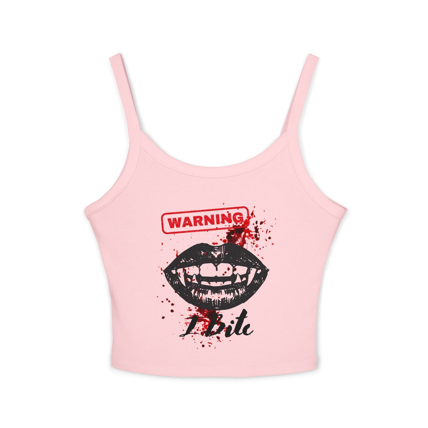 Vampire Bite Tank Top — "Warning: Bite" Graphic Spaghetti Strap Crop