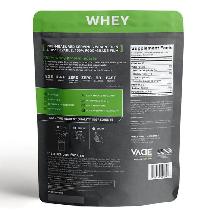 Vade Protein Packs Chocolate Milkshake - 100% Whey Isolate Protein: 30ct