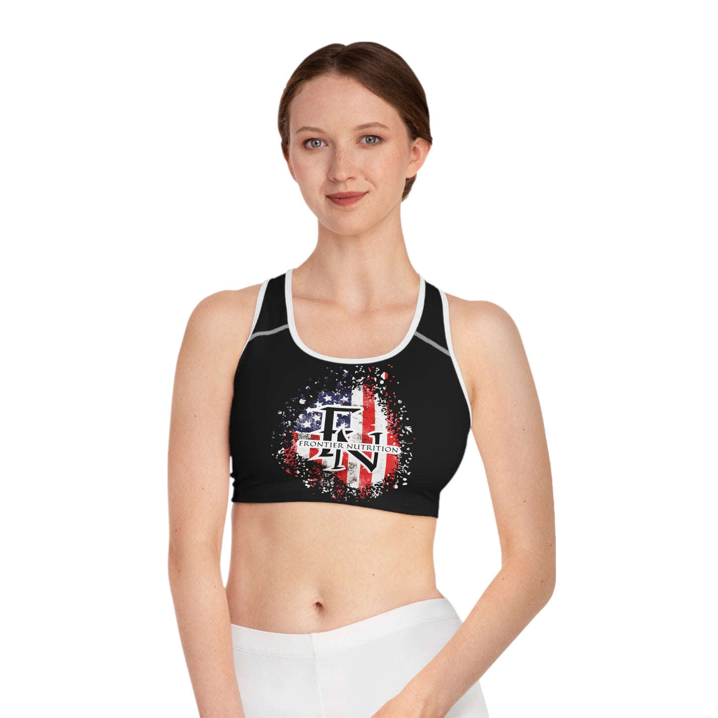 Frontier Nutrition Patriotic Sports Bra, Exercise Bra, Fitness Apparel, Workout Gear, American Flag Design, Activewear