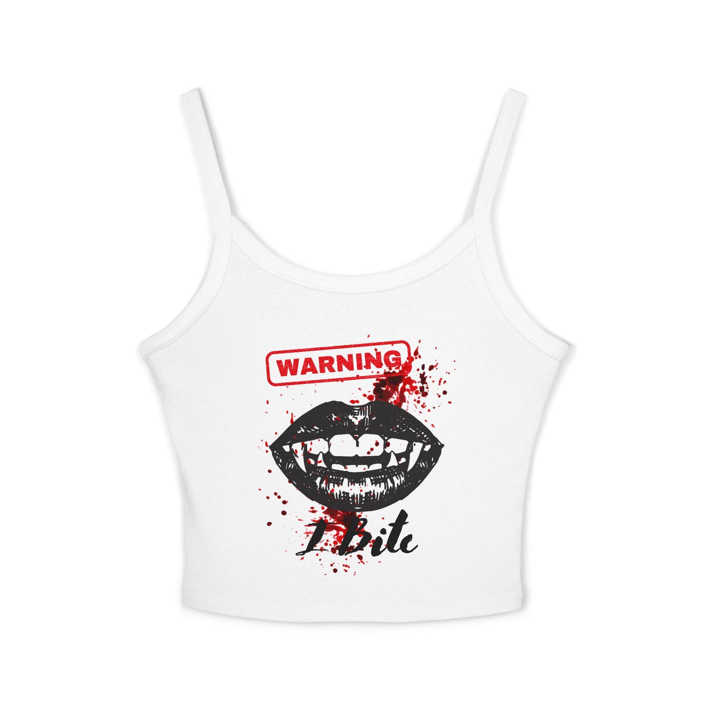 Vampire Bite Tank Top — "Warning: Bite" Graphic Spaghetti Strap Crop