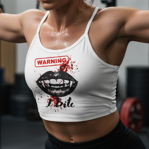 Vampire Bite Tank Top — "Warning: Bite" Graphic Spaghetti Strap Crop