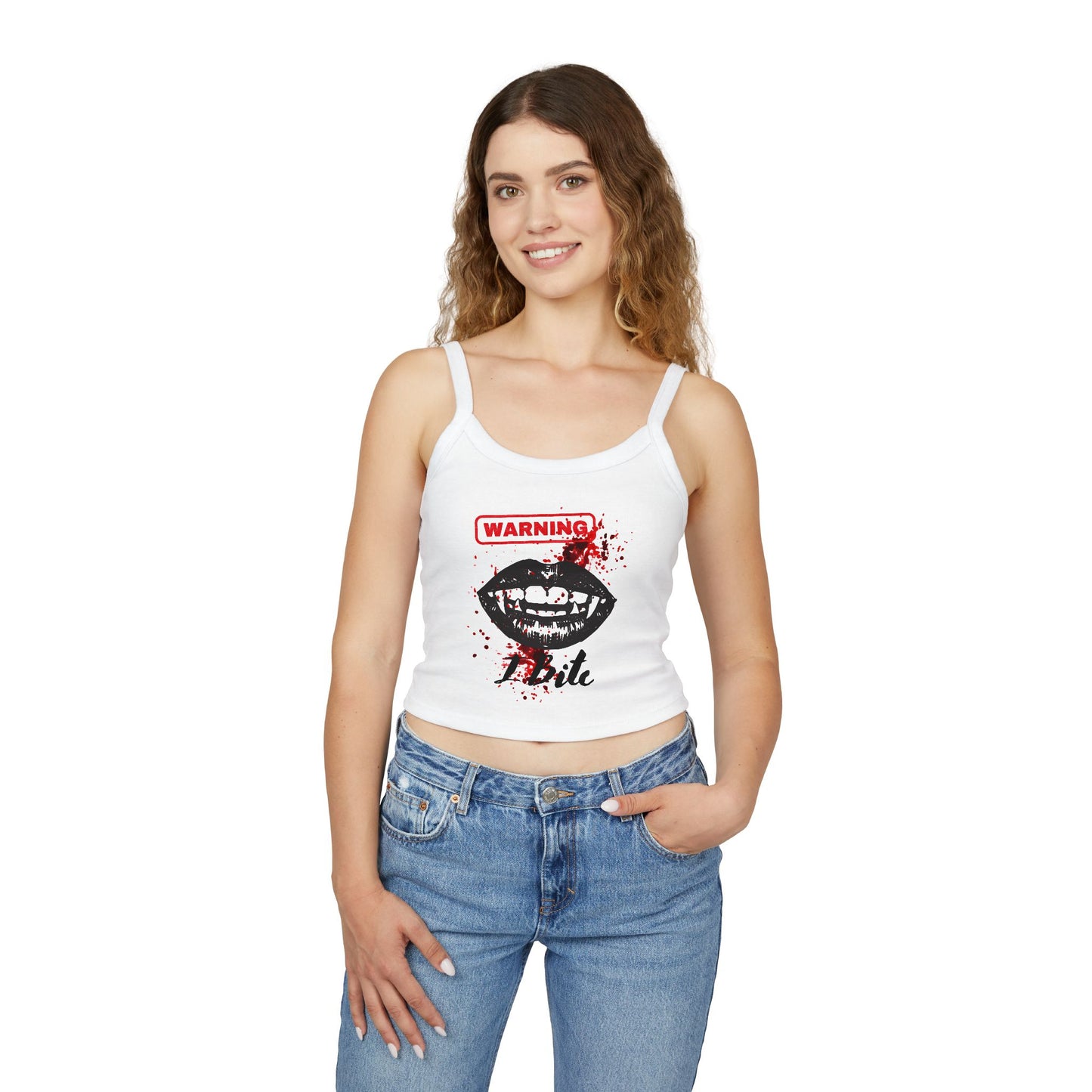 Vampire Bite Tank Top — "Warning: Bite" Graphic Spaghetti Strap Crop