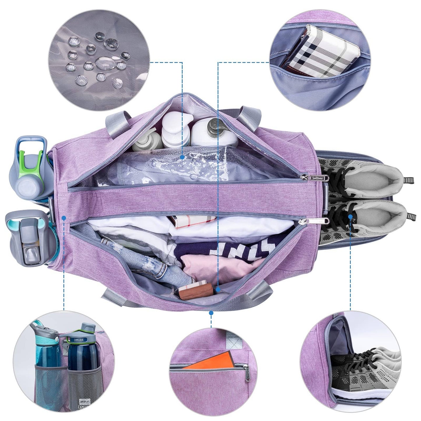 Sports Gym Bag with Wet Pocket & Shoe Compartment - Purple