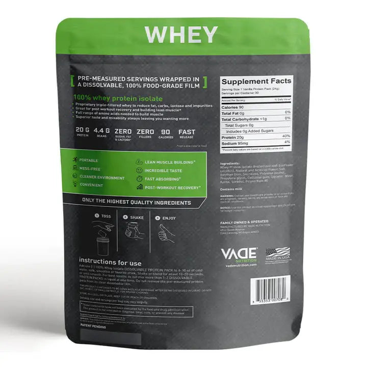 Vade Protein Packs Vanilla Milkshake - 100% Whey Isolate Protein: 30ct